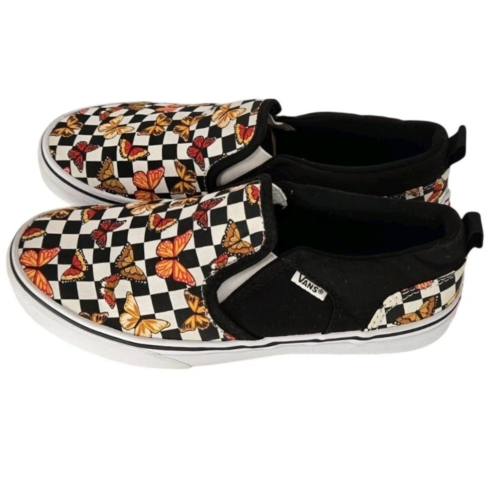Vans Slip-On Black And White Checkerboard Butterfly Print Sneakers Womens‎ 5.5